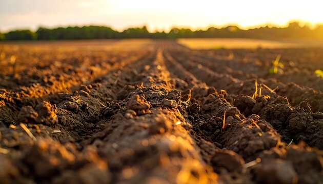 A plowed field at sunset with visible furrows