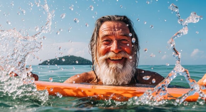 Joyful surfer with a white beard enjoying the ocean waves.