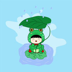Obraz premium a girl wearing a frog mascot costume. Vector Illustration. EPS 10.