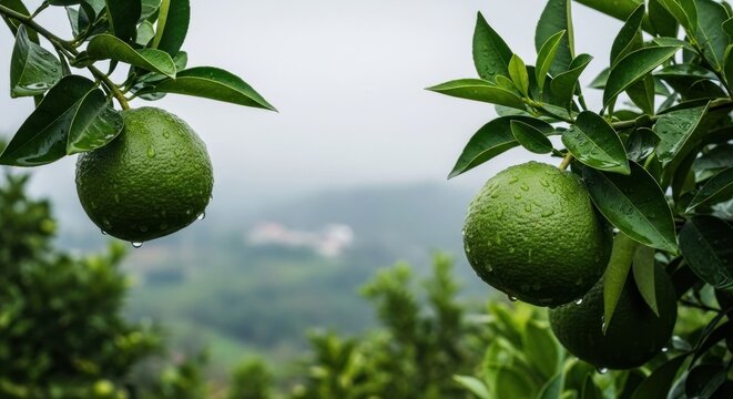Lush Green Citrus Fruits Hanging on Tree Branches in Orchard.