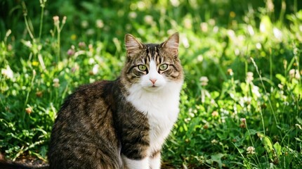 Fototapeta premium tabby and white cat looking at camera