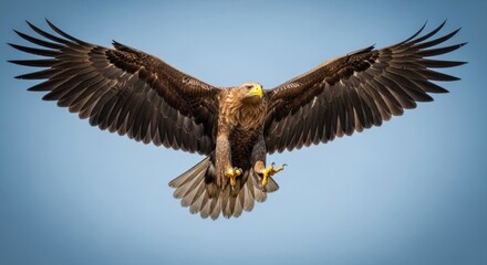 Majestic White-tailed Eagle Soaring with Wings Spread Wide Against Blue Sky.