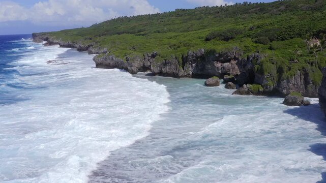 Aerial Drone View of Waves Breaking on Tropical Coast in Niue