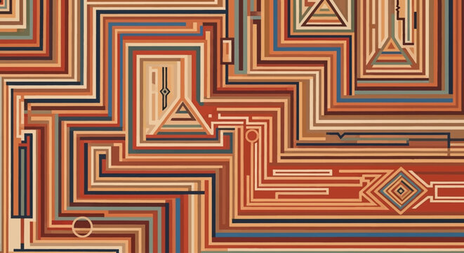 Intricate abstract pattern with parallel lines and geometric shapes in earthy tones, resembling a complex maze or circuit board design.
