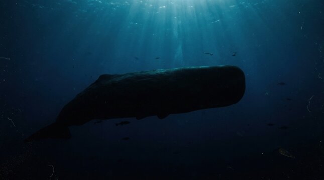 black silhouette of a large whale swimming