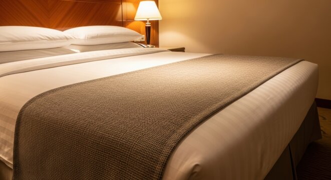 Hotel bed with white bedding and brown blanket illuminated by bedside lamp in a cozy hotel room with wooden headboard and beige walls