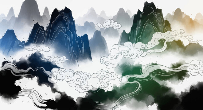 Traditional Chinese ink wash painting of majestic mountains shrouded in ethereal mist and swirling clouds, featuring subtle blue and green hues.