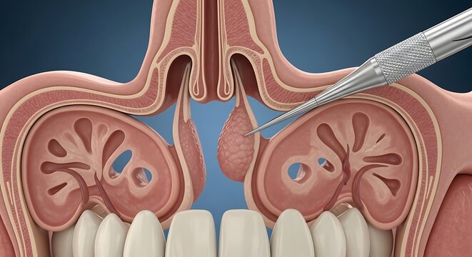 Medical diagram of nasal cavity and sinuses showing a polyp being treated with a surgical tool treatment respiratory procedure