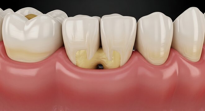 3D medical illustration showing dental calculus and plaque buildup between teeth with inflamed gum recession calculus gingivitis