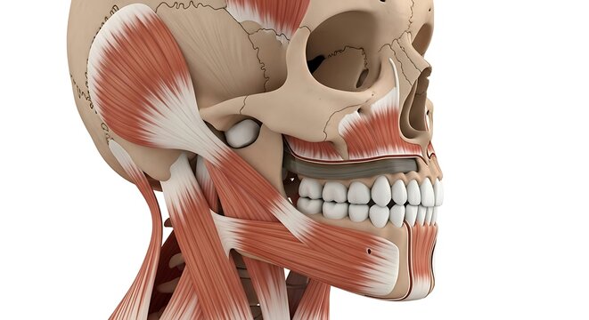 Detailed 3D medical illustration of human skull and facial muscles with three dimensional skeleton structure mandible masseter