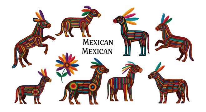Colorful Mexican folk art donkeys with intricate patterns and vibrant feather details.