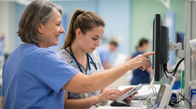 Experienced nurse training a young medical student using a computer in a hospital setting.