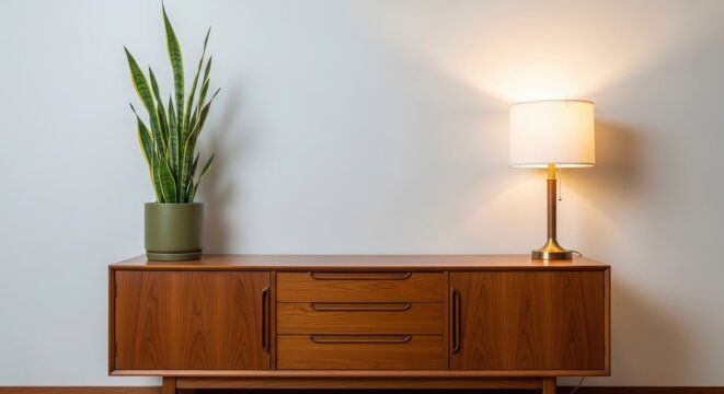Modern wooden sideboard with potted snake plant and illuminated brass table lamp against a white wall perfect for home decor and interior design concepts