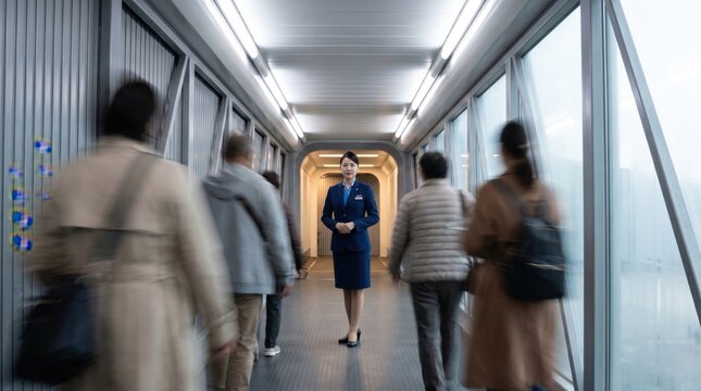 Flight attendant greeting passengers in a jet bridge before boarding an airplane.