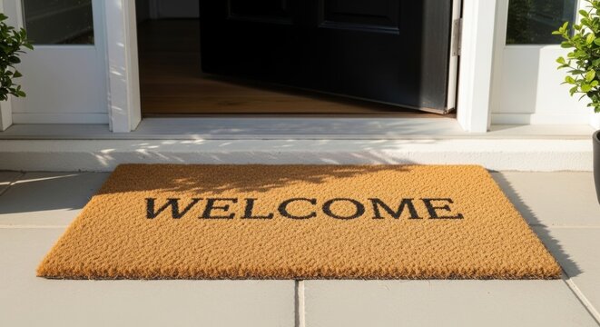 Welcome doormat placed outside an open front door on a sunny day with natural light and shadow patterns on the entrance