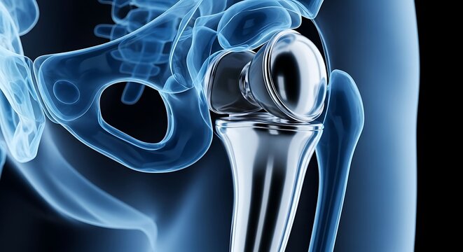 Medical illustration of a human hip joint replacement surgery with replacement prosthesis orthopedic skeleton clinical