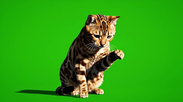 A beautiful Bengal cat with striking spotted fur sits and playfully raises its paw. Perfect for compositing.