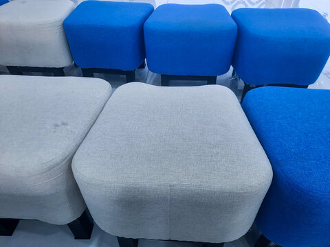 waiting room with blue and white chairs