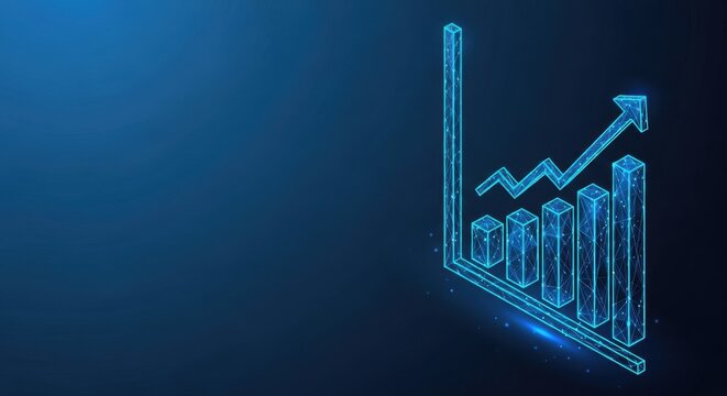 Digital growth chart with bars and line graph on blue background, illustrating business analytics and financial trends