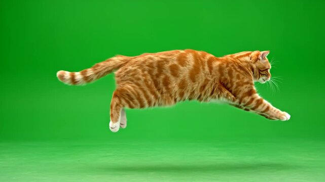 A beautiful domestic orange tabby cat performs an elegant jump in slow motion on a chroma key green screen.