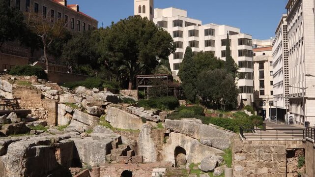 the ancient Roman ruins and archaeological site in downtown Beirut. Historic remains of Berytus, showcasing centuries of history integrated into the modern city center