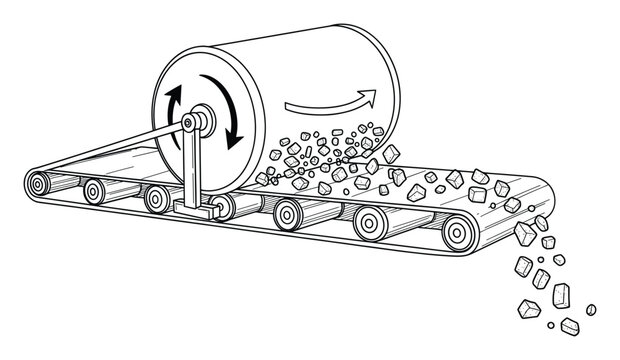 Industrial machine feeding crushed rock onto moving conveyor belt for efficient material handling and processing