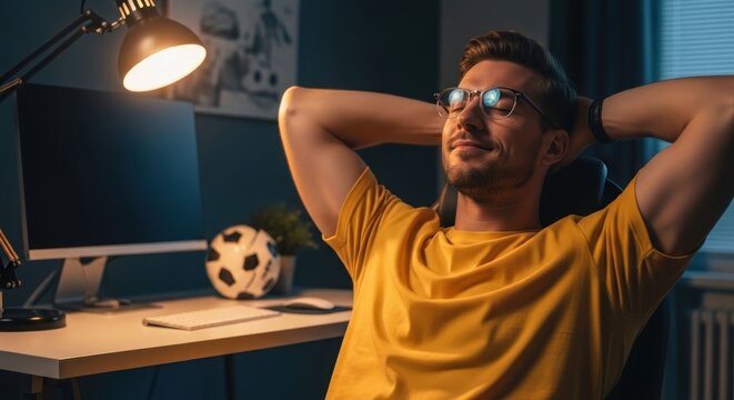 Relaxed man leaning back in chair at desk at home.