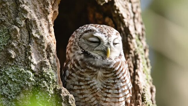 A beautiful spotted owlet emerges from its tree hollow, observing its surroundings. Close-up of natural behavior.