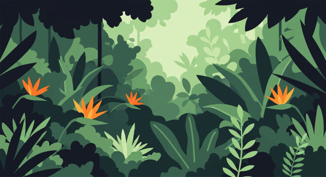 Vibrant vector flat design illustration of a lush tropical jungle with exotic orange flowers and dense green foliage