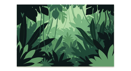 Vector flat design illustration of a lush green jungle canopy with hanging vines and dense foliage creating a serene © denijulianto