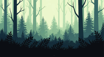 Misty forest landscape with evergreen trees and ferns in a vector flat design illustration style © denijulianto