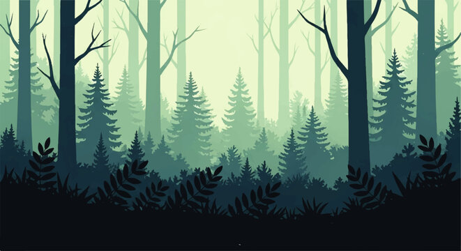 Misty forest landscape with evergreen trees and ferns in a vector flat design illustration style