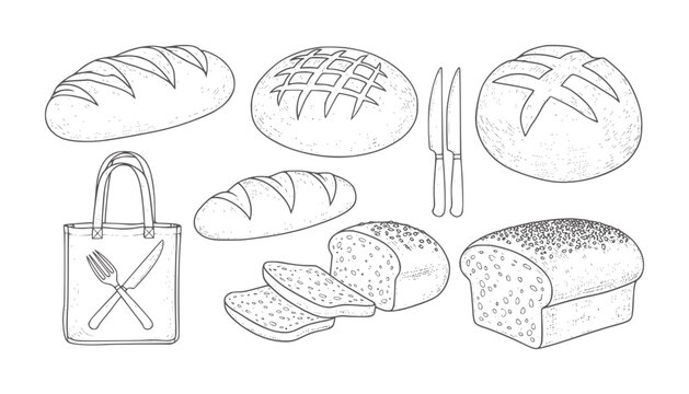 Assortment of hand drawn breads and bakery with cutlery loaf sliced baguette
