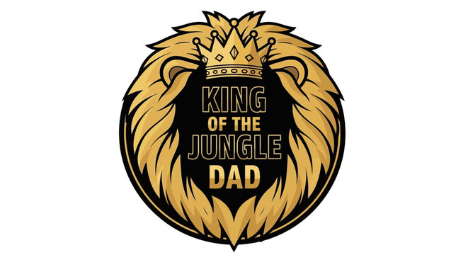 King of the Jungle Dad golden lion emblem with crown.
