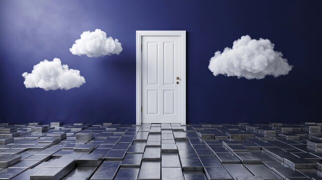 Surreal doorway to the sky with clouds and metallic floor opportunity abstract metallic otherworldly mindscape