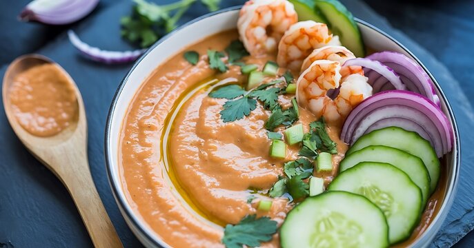 Creamy orange soup topped with shrimp, sliced cucumber, red onion, and fresh cilantro herbs