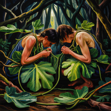 Dramatic biblical illustration of Adam and Eve hiding in the Garden of Eden covered by large green fig leaves in a dark dense forest
