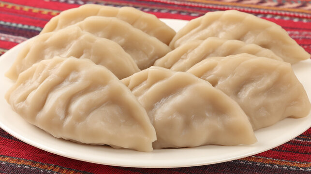 A plate of traditional dumplings on a tablecloth