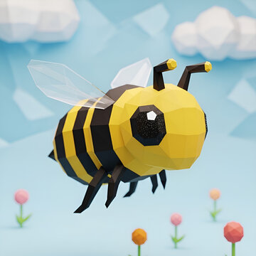 Low poly 3D bumblebee flying over flowers in a stylized garden