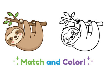 Fototapeta premium Sloth hanging on branch illustration for match and color activity.