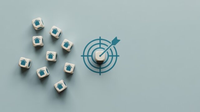 Scattered dice with house symbols near a target and arrow symbolizing real estate investment goals property decisions and strategic