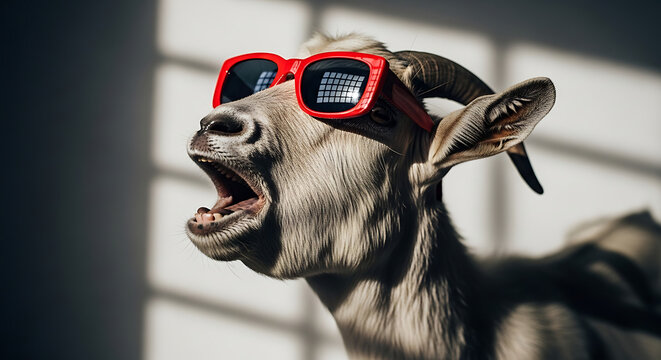 Funny goat wearing red sunglasses with mouth open, screaming expression against white wall with shadows.