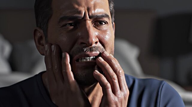 Middle Aged Man Suffering from Intense Toothache and Jaw Pain at Night