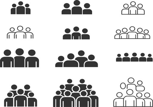 People group and community icon set with user silhouettes, in solid and outline style vector