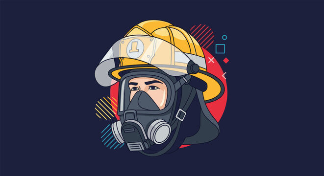 Head illustration of a brave firefighter wearing a yellow protective helmet and a professional oxygen mask against a dark blue background.