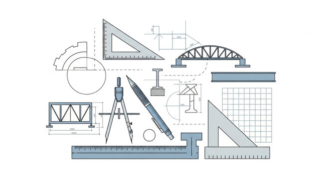 Architectural blueprints and drafting tools for engineering design.