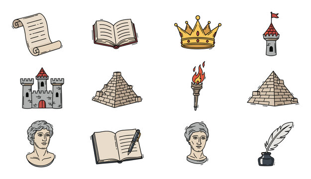 Collection of historical culture and knowledge icons for education and heritage presentations