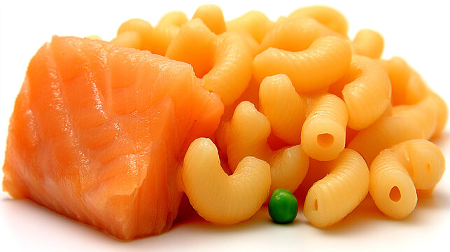 Cooked macaroni and salmon with a single pea.