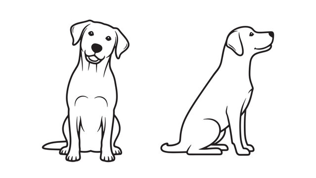 Minimalist Line Art Vector Illustration of Two Friendly Labrador Dogs Sitting, One Facing Forward with Head Tilt, the Other in Profile View.
