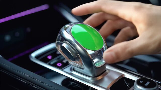 Hand touching a futuristic metallic car gear shifter with a green screen area for video editing
